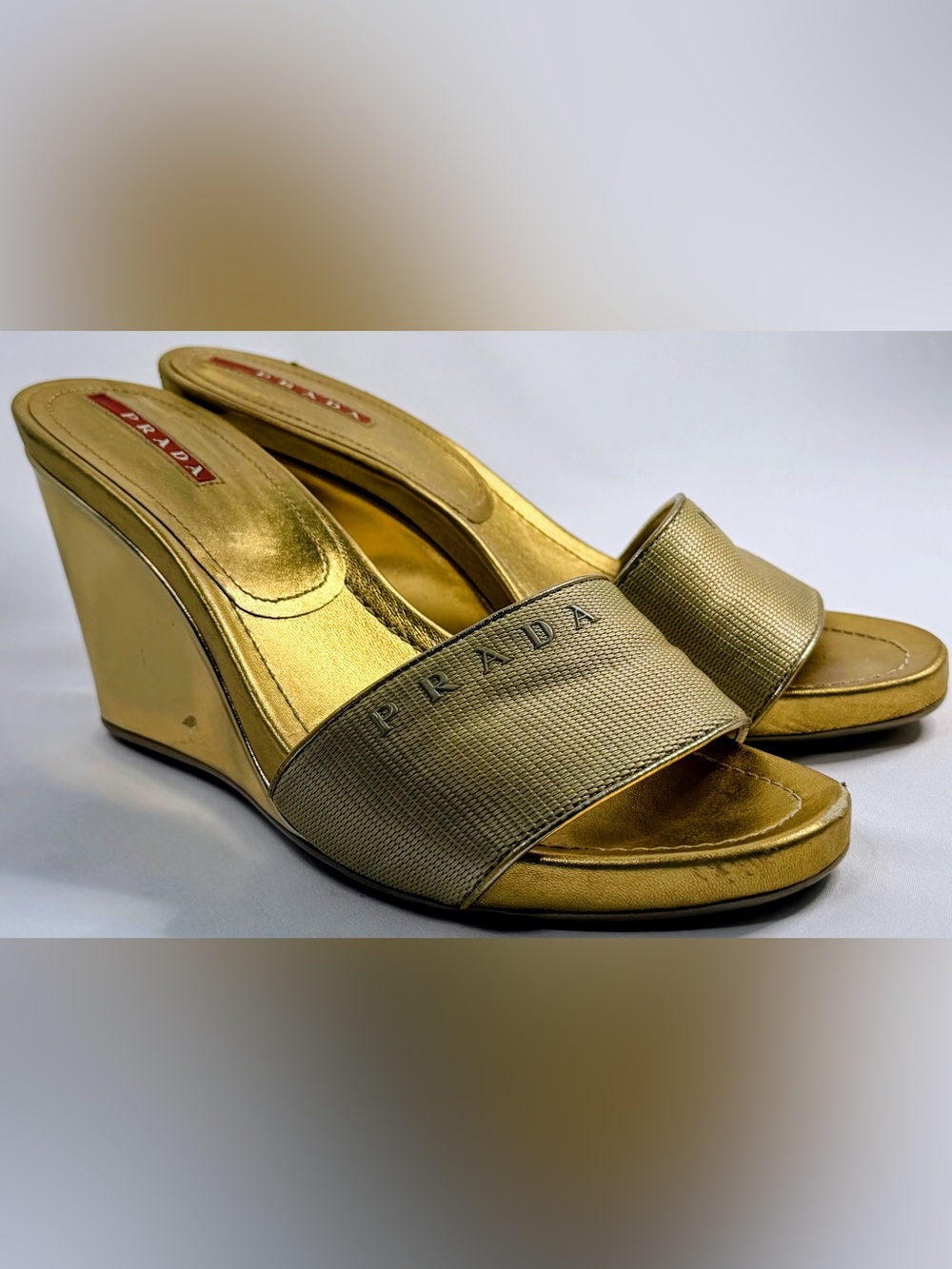 Prada Vintage Y2K Metallic Gold Logo Platform Wedge Slide Sandals Mules EU 38.5